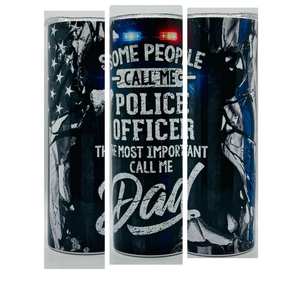 NEW "Police Dad"  20 oz. Stainless Steel Tumbler w/Straw Set & Silicone Tip